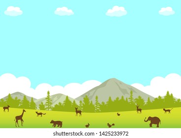 forest landscape and silhouette illustration of  wild animals