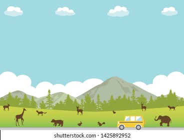 forest landscape and silhouette illustration of  wild animals