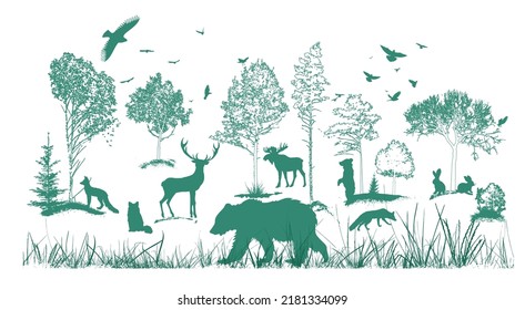 Forest landscape with silhouettes of animals. Vector illustration