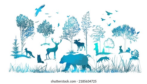 Paisaje forestal con siluetas de animales. Ilustración del vector