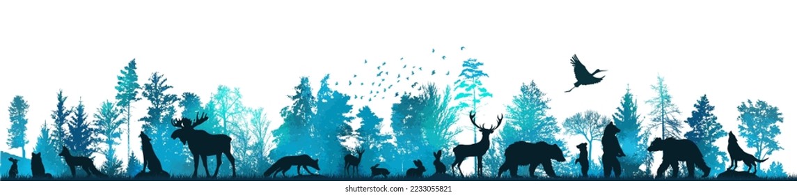 Paisaje forestal con siluetas de animales. Ilustración del vector