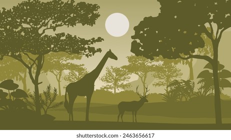 Forest landscape with silhouettes of animals. Vector illustration