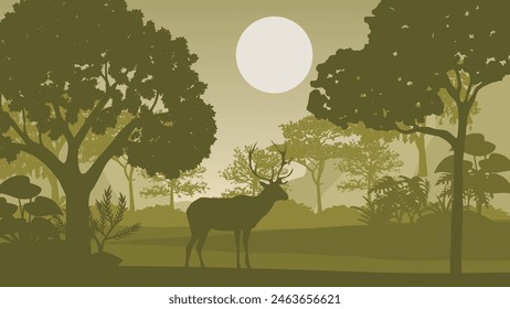 Forest landscape with silhouettes of animals. Vector illustration