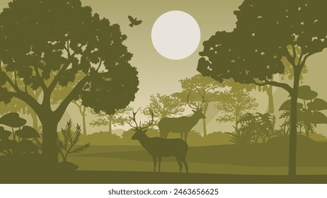 Forest landscape with silhouettes of animals. Vector illustration