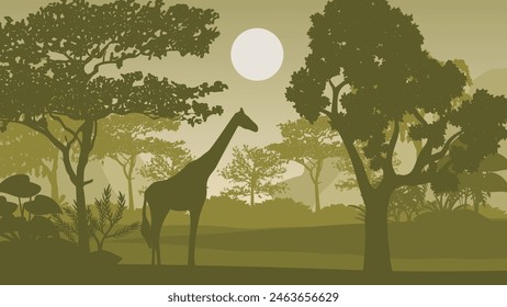 Forest landscape with silhouettes of animals. Vector illustration