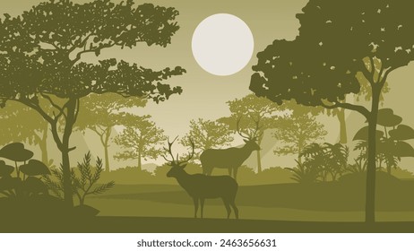 Forest landscape with silhouettes of animals. Vector illustration