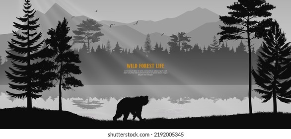 Forest landscape silhouettes with wild animals standing on meadow in trees and mountain landscape. Horizontal banner. Silhouette of animal, trees, grass. Magical misty landscape, fog. Hunting season.