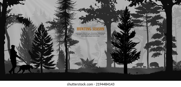 Forest landscape silhouettes with wild animals standing on meadow in trees and mountain landscape. Horizontal banner. Silhouette of animal, trees, grass. Magical misty landscape, fog. Hunting season.