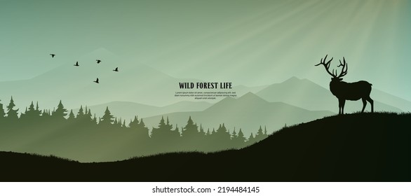 Forest landscape silhouettes with wild animals standing on meadow in trees and mountain landscape. Horizontal banner. Silhouette of animal, trees, grass. Magical misty landscape, fog. Hunting season.