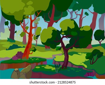 Forest Landscape Streamcartoon Stylevector Illustration Stock Vector 