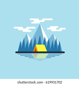 Forest landscape with a summer camp near the river and mountains in the background. Yellow tent in the woods near the pond flat vector illustration.