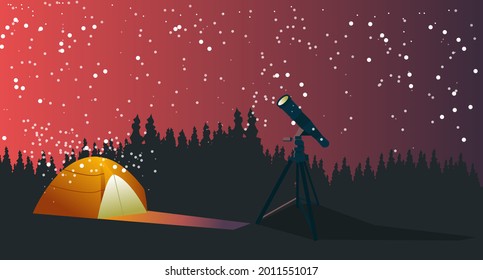 Forest landscape, summer camping, telescope expidition, overnight in tent, star watching. Editable vector illustration for banner, web site, social media