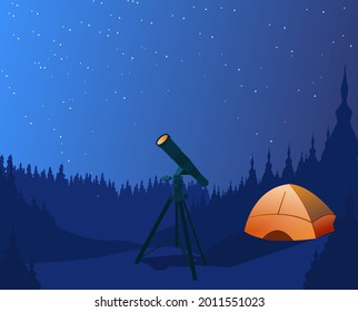 Forest landscape, summer camping, telescope expidition, overnight in tent, star seeing. Editable vector illustration for banner, web site, social media