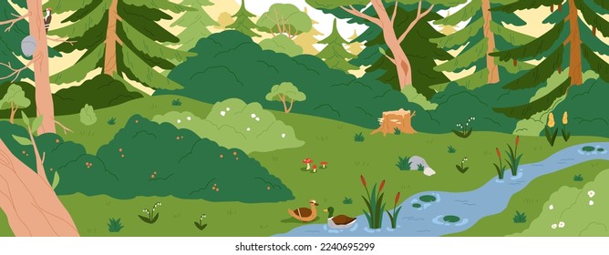 Paisaje forestal, panorama de los bosques de verano. Paisaje natural con árboles de coníferas, plantas de hojas de río silvestre. Entorno verde, fondo boscoso primaveral, vistas panorámicas. Ilustración vectorial plana