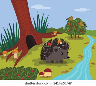 forest landscape of a sunny day in a forest glade. funny hedgehog near his mink and forest stream. Flat vector illustration. concept take care of nature