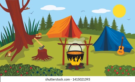 forest landscape sunny day in the summer camp. Nature, wood, bonfire, tent and guitar are symbols of green tourism. Flat vector illustration. concept of rest and holidays in nature
