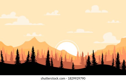 Paisaje forestal, puesta de sol en el bosque.