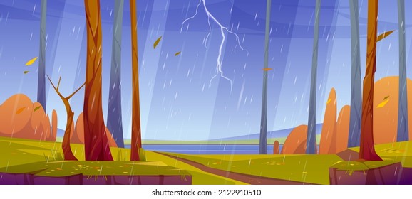 Forest landscape with thunderstorm. Autumn scene with lake, path and trees with orange leaves in rain. Vector cartoon illustration of fall woods, lake and lightning in sky