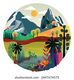 Forest landscape  tourist vector illustration cartoon, fantasy, travel element 