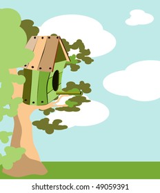 forest landscape with a tree and starling-cotes in the background