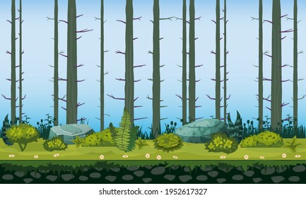 Forest landscape tree trunks horizontal seamless background for games apps, design. Nature woods, trees, bushes, flora, vector