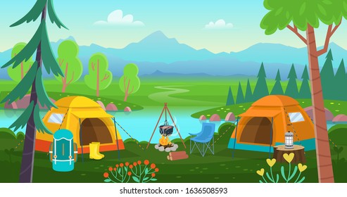 Forest landscape with trees, bushes, flowers, road, a lake, tents, a bonfire, a backpack. Concept camping and summer traveling.