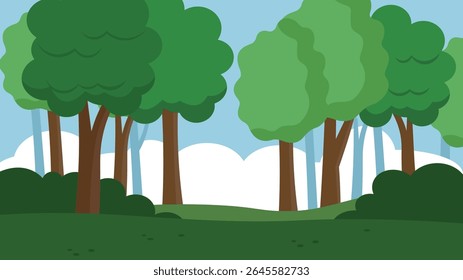 Paisaje forestal con árboles y arbustos. Ilustración vectorial en estilo de dibujos animados.