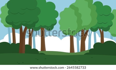Forest landscape with trees and bushes. Vector illustration in cartoon style.