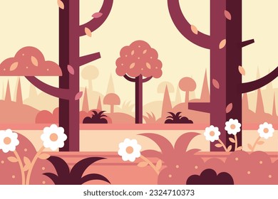 Forest landscape, forest with trees and daisy flowers. Summer flat illustration, poster, vector