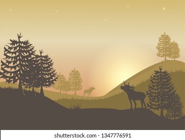 Forest Landscape with Trees and Elks. Vector Illustration.