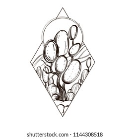 Forest landscape with trees and full moon in the shape of diamond. Outline vector illustration isolated on white background for posters, stickers and much more.