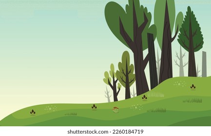 Forest landscape with trees and grass. Vector illustration in flat style.