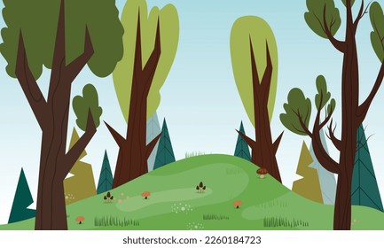 Forest landscape with trees and grass. Vector illustration in flat style.