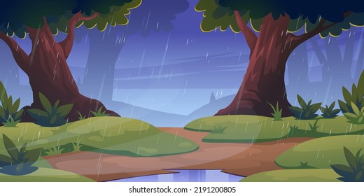 Forest landscape with trees and green grass in rain. Vector cartoon illustration of storm weather in woodland, park or garden with rainfall and puddles on path