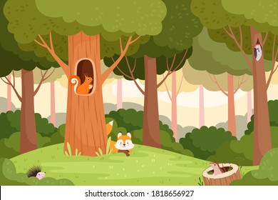 Forest landscape. Trees with holes for wild animals house in wooden trunk for birds squirrels fox vector cartoon background