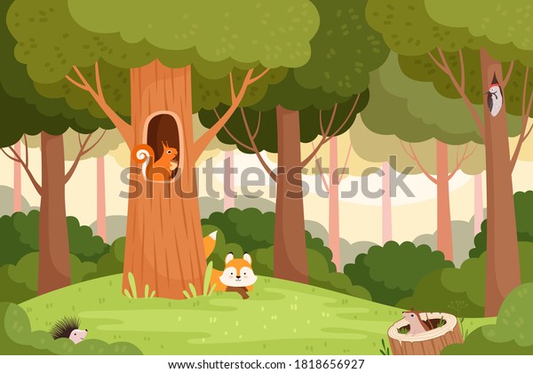 Forest\
landscape. Trees with holes for wild animals house in wooden trunk\
for birds squirrels fox vector cartoon\
background