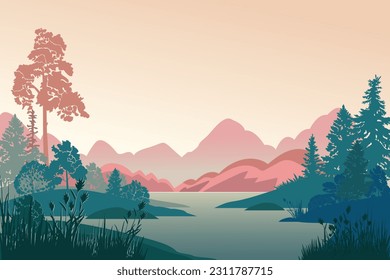 Forest landscape with trees, lake, mountains, sunrise, vector illustration.