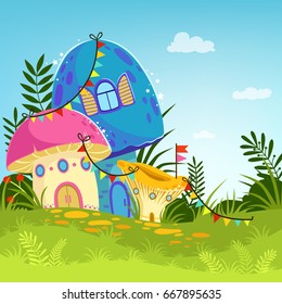 Forest landscape with trees and magic mushrooms. Cartoon vector background