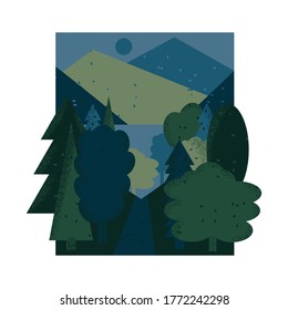 Forest landscape. Trees, mountains, grass, sky and moon. Illustration