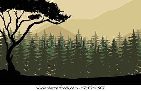 A forest landscape with trees and mountains in a muted color palette. The image captures a peaceful and serene nature scene