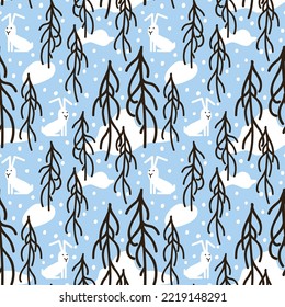 Paisaje forestal con árboles en un fondo invernal. Patrón sin foco con arenas en el bosque. Derivados blancos y copos de nieve. La liebre se sienta bajo un árbol en la nieve. Ilustración al estilo de las caricaturas.
