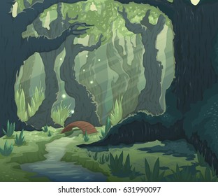 Forest landscape with trees, river and bridge. Cartoon fairytale scenery background. Vector illustration.