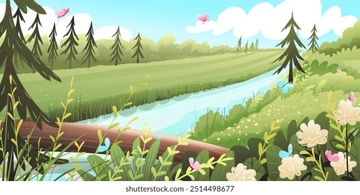 Forest landscape with trees river and meadow, river crossing with a wooden log. Wild nature landscape background in spring or summertime. Vector cartoon woodland scenery wallpaper for kids.