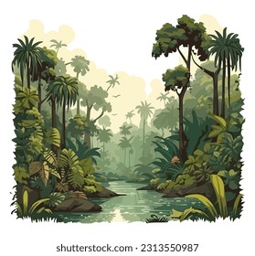 Forest landscape, trees and river scene, design