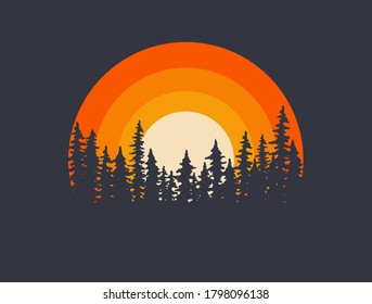 Forest landscape trees silhouettes with sunset on background. T-shirt or poster design illustration. Vector illustration