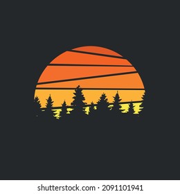 Forest landscape trees silhouettes with sunset on background. 