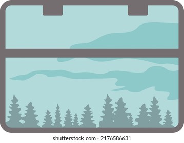 Forest Landscape, Trees, Sky, Clouds. View From The Train Car Window. Vector Illustration.