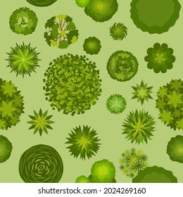 Forest landscape with trees top view seamless pattern. Map plan with bush and tree plants. Green park or garden aerial scheme vector texture. Top view forest, pattern above plan illustration