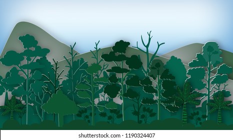 A forest landscape with trees,bushes and mountains vector illustration.