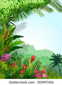 Forest landscape of tropical background with sunrays. vector